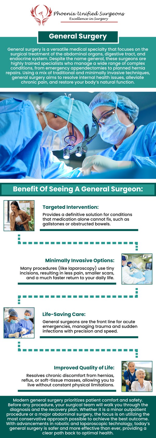 At Phoenix Unified Surgeons, we believe in making healthcare as accessible and convenient as possible. Whether you need a consultation, follow-up, or specialized treatment, scheduling an appointment with Dr. Debora MD, MBA, FACS, FASCRS, and our professional team is quick and easy. We provide flexible appointment options to ensure your needs are addressed with the utmost care and attention. For more information, please contact us or book your appointment online. Our office is conveniently located at 20333 N 19th Avenue, Ste 230 Phoenix, AZ 85027