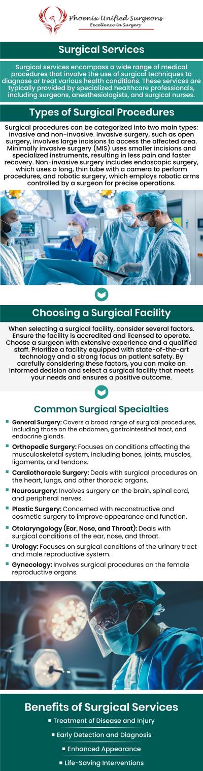 At Phoenix Unified Surgeons, we believe that exceptional surgical care begins with expertise, precision, and a patient-centered approach. Led by a team of board-certified surgeons, our practice combines advanced surgical techniques with a strong focus on your overall health and recovery. We provide personalized treatment plans designed to address your unique needs, ensuring every procedure supports both immediate results and long-term well-being. Whether you require minimally invasive procedures or comprehensive surgical care, our compassionate team is dedicated to guiding you through every step of your journey with confidence, safety, and trusted expertise. For more information, contact us or request an appointment online. We are conveniently located at 20333 N 19th Avenue, Ste 230 Phoenix, AZ 85027.
