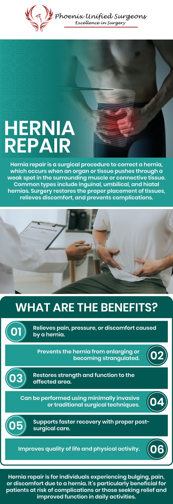 A hernia is often caused by an organ pushing through the muscle or tissue surrounding it, commonly in the groin or abdomen. Depending on the activity or posture, it could appear as a strange bulge that appears and disappears. It could or might not result in pain or other symptoms, like discomfort. Most hernias require surgical treatment at some point. Dr. J. Brian Brizendine, M.D., offers hernia surgery at Phoenix Unified Surgeons. We are conveniently located at 20333 N 19th Avenue, Ste 230 Phoenix, AZ 85027. For more information, contact us or request an appointment online.
