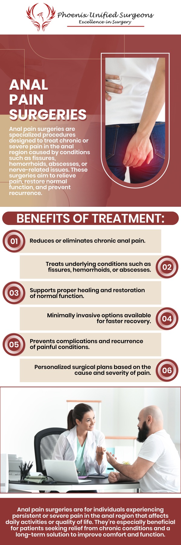 Anal pain can significantly impact daily life, but treatment and surgery may be necessary for conditions like hemorrhoids, fissures, or abscesses. Our experienced surgeons use advanced techniques to alleviate discomfort and provide long-term relief. Whether the pain is due to a chronic condition or an acute injury, we offer personalized care to ensure optimal recovery. Please contact us or book your appointment online. We are conveniently located at 20333 N 19th Avenue, Ste 230 Phoenix, AZ 85027. Anal pain can significantly impact daily life, but treatment and surgery may be necessary for conditions like hemorrhoids, fissures, or abscesses. Our experienced surgeons use advanced techniques to alleviate discomfort and provide long-term relief. Whether the pain is due to a chronic condition or an acute injury, we offer personalized care to ensure optimal recovery. Please contact us or book your appointment online. We are conveniently located at 20333 N 19th Avenue, Ste 230 Phoenix, AZ 85027.