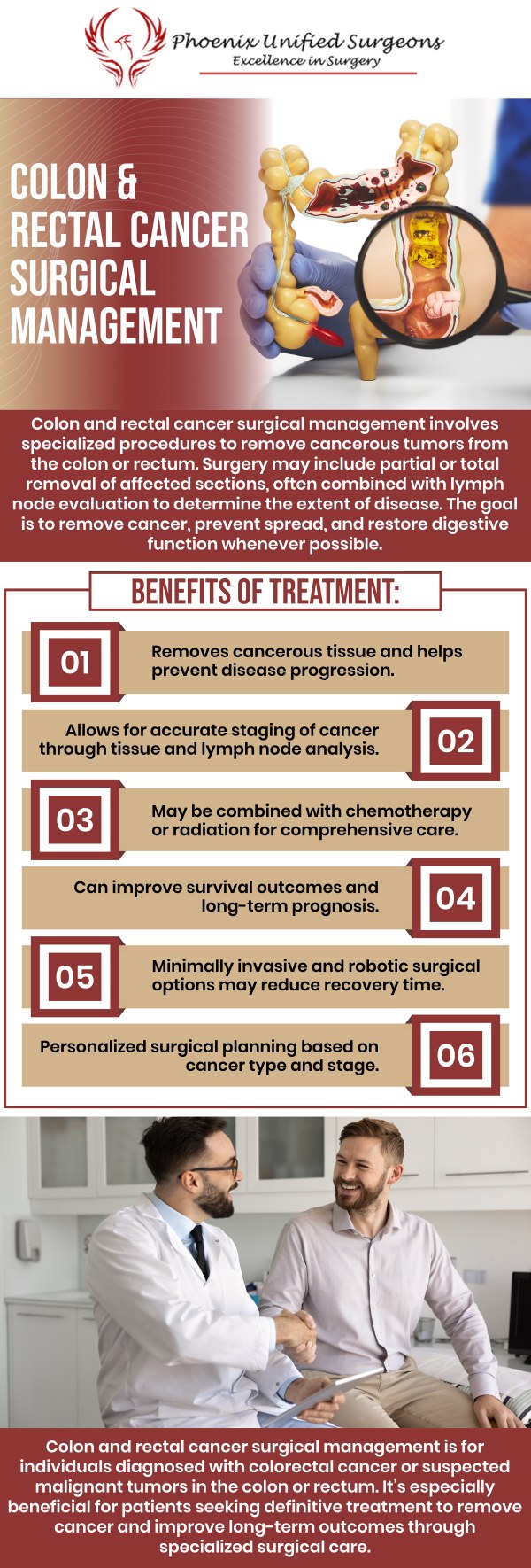 Common questions asked by patients: When is surgery recommended for colon or rectal cancer? What types of surgery are used to treat colon and rectal cancer? How should patients prepare for colon or rectal cancer surgery? What is recovery like after colon and rectal cancer surgery? For more information, contact us or request an appointment online. We are conveniently located at 20333 N 19th Avenue, Ste 230 Phoenix, AZ 85027. We serve patients from Phoenix AZ, Sun City AZ, Peoria AZ, Surprise AZ, Glendale AZ, Scottsdale AZ, and surrounding areas.