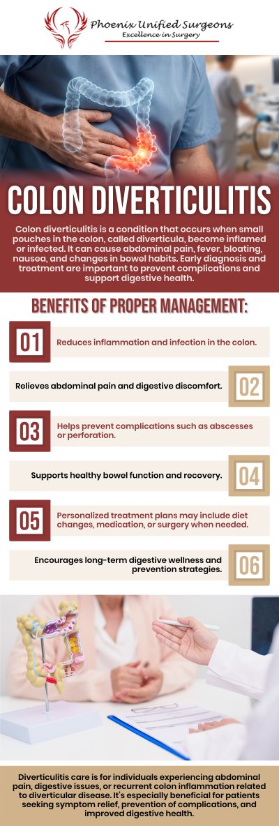 Common questions asked by patients: What causes colon diverticulitis? What are the common symptoms of colon diverticulitis? How is colon diverticulitis diagnosed? What treatment options are available for colon diverticulitis? When should you see a specialist for colon diverticulitis? For more information, contact us or request an appointment online. We are conveniently located at 20333 N 19th Avenue, Ste 230 Phoenix, AZ 85027. We serve patients from Phoenix AZ, Sun City AZ, Peoria AZ, Surprise AZ, Glendale AZ, Scottsdale AZ, and surrounding areas.