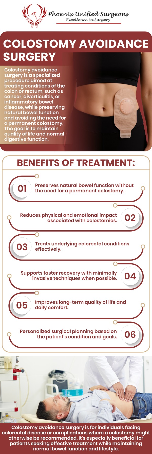 At Phoenix Unified Surgeons, our board-certified professionals offer personalized solutions to help patients maintain bowel function while minimizing the need for a colostomy. Using advanced surgical techniques, we focus on preserving normal digestive processes and improving quality of life for those facing colon-related health issues. For more information, contact us or book your appointment online. Our office is conveniently located at 20333 N 19th Avenue, Ste 230 Phoenix, AZ 85027. At Phoenix Unified Surgeons, our board-certified professionals offer personalized solutions to help patients maintain bowel function while minimizing the need for a colostomy. Using advanced surgical techniques, we focus on preserving normal digestive processes and improving quality of life for those facing colon-related health issues. For more information, contact us or book your appointment online. Our office is conveniently located at 20333 N 19th Avenue, Ste 230 Phoenix, AZ 85027.