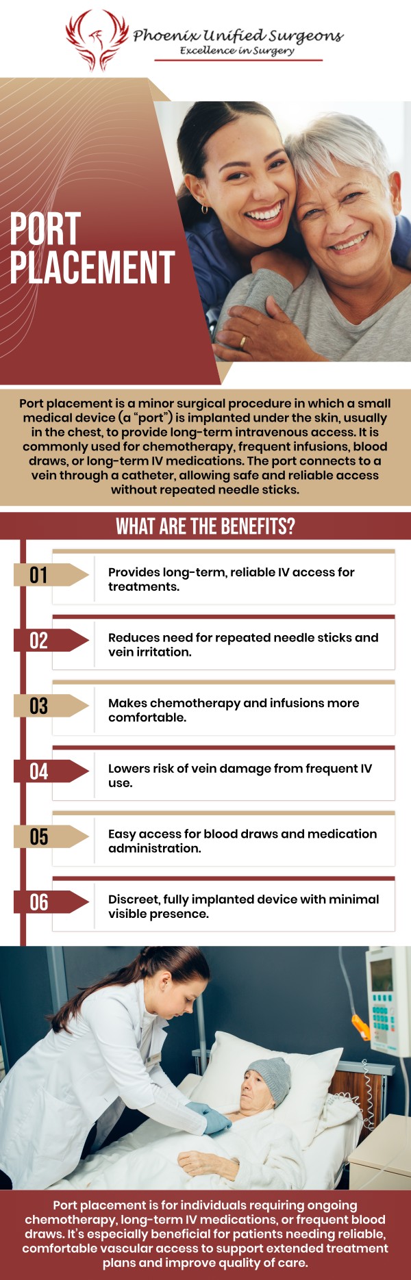Common questions asked by patients: What is a port placement for chemotherapy or IV access? When is a port needed for chemotherapy treatment? How should patients care for a port after placement? What are the benefits of using a port for long-term IV access? For more information, contact us or request an appointment online. We are conveniently located at 20333 N 19th Avenue, Ste 230 Phoenix, AZ 85027. We serve patients from Phoenix AZ, Sun City AZ, Peoria AZ, Surprise AZ, Glendale AZ, Scottsdale AZ, and surrounding areas.