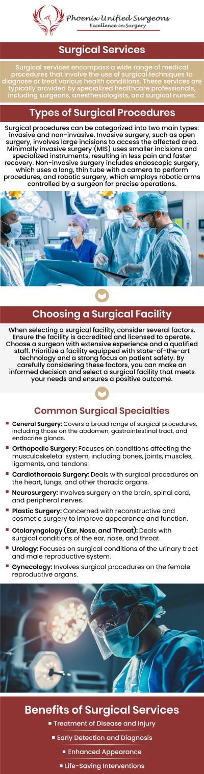 At Phoenix Unified Surgeons, we believe that exceptional surgical care begins with expertise, precision, and a patient-centered approach. Led by a team of board-certified surgeons, our practice combines advanced surgical techniques with a strong focus on your overall health and recovery. We provide personalized treatment plans designed to address your unique needs, ensuring every procedure supports both immediate results and long-term well-being. Whether you require minimally invasive procedures or comprehensive surgical care, our compassionate team is dedicated to guiding you through every step of your journey with confidence, safety, and trusted expertise. For more information, contact us or request an appointment online. We are conveniently located at 20333 N 19th Avenue, Ste 230 Phoenix, AZ 85027. At Phoenix Unified Surgeons, we believe that exceptional surgical care begins with expertise, precision, and a patient-centered approach. Led by a team of board-certified surgeons, our practice combines advanced surgical techniques with a strong focus on your overall health and recovery. We provide personalized treatment plans designed to address your unique needs, ensuring every procedure supports both immediate results and long-term well-being. Whether you require minimally invasive procedures or comprehensive surgical care, our compassionate team is dedicated to guiding you through every step of your journey with confidence, safety, and trusted expertise. For more information, contact us or request an appointment online. We are conveniently located at 20333 N 19th Avenue, Ste 230 Phoenix, AZ 85027.